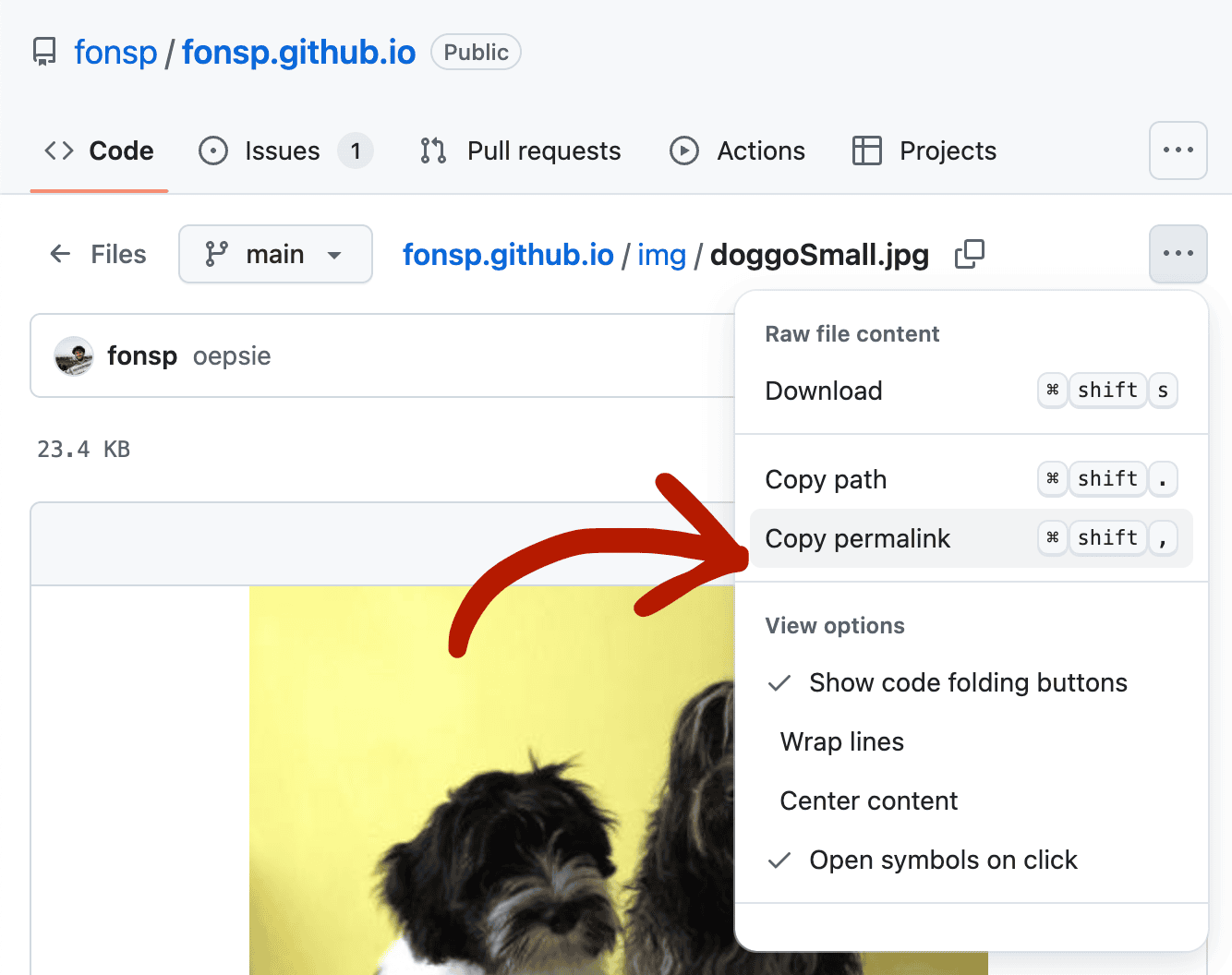 GitHub image, with a button to copy the permalink